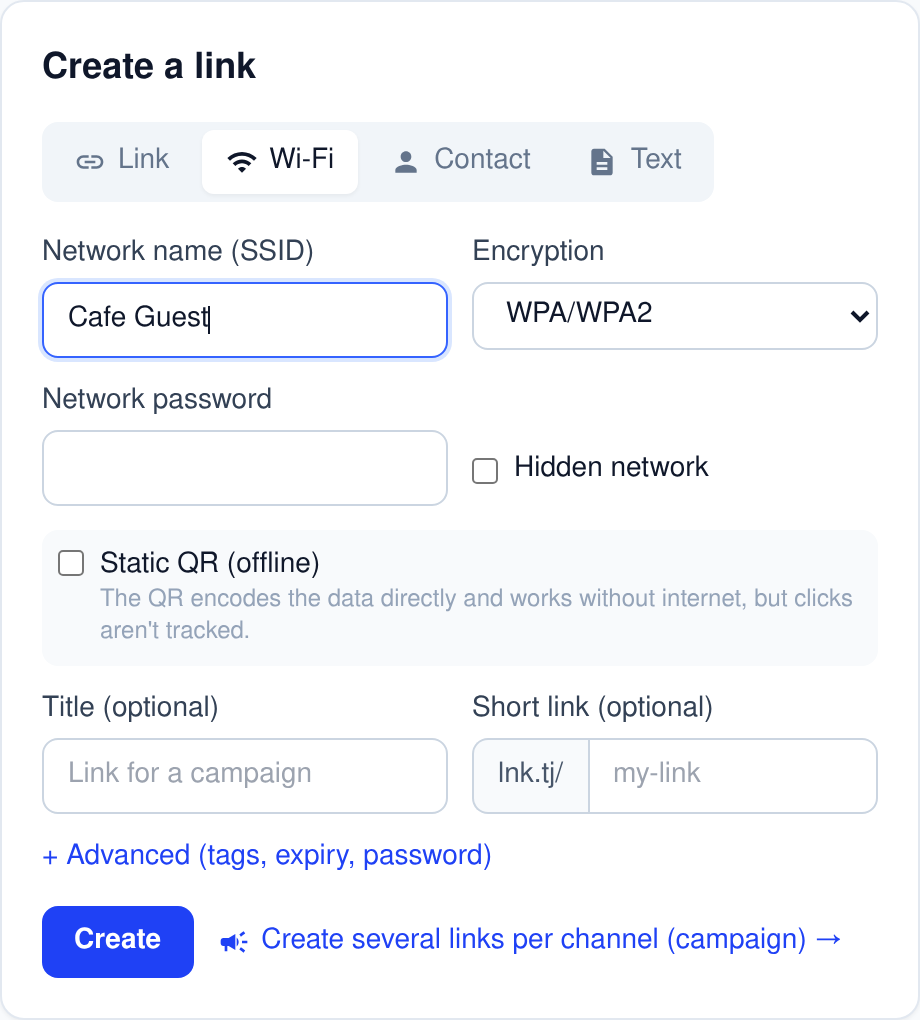 Link types: link, Wi-Fi, vCard, text